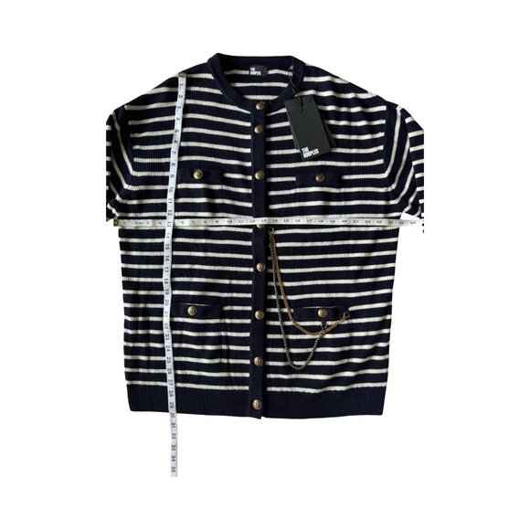 NWT The Kooples‎ Crew Neck Cardigan 100% Wool Blue White Stripe MSRP $525 - Picture 6 of 13